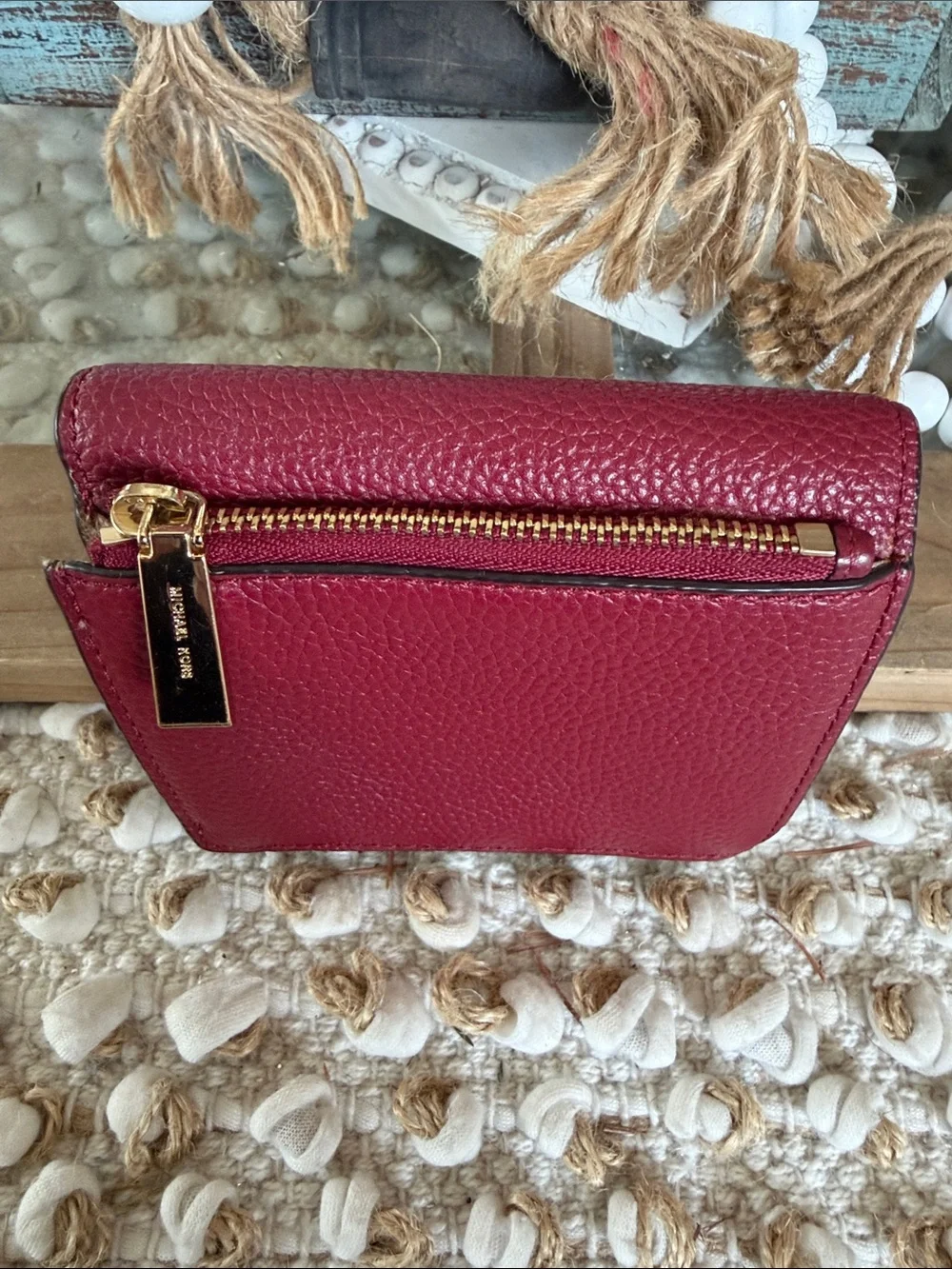 Michael Kors Pebbled Leather Wallet in Wine Red with Gold Logo